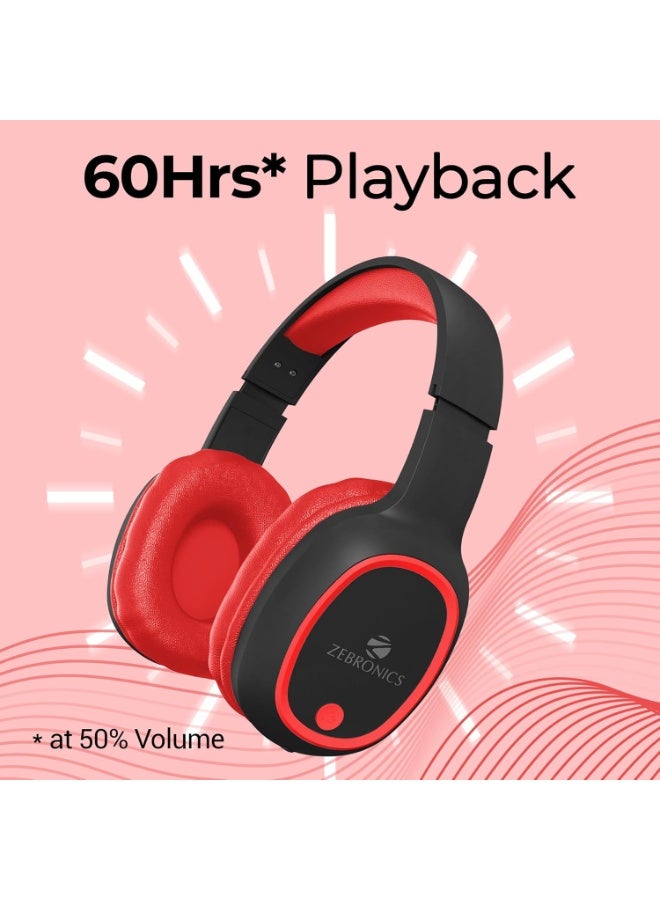 ZEBRONICS Thunder Bluetooth 5.3 Wireless Over Ear Headphones with 60H Backup, Gaming Mode, Dual Pairing, Enc, Aux, Micro Sd, Voice Assistant, Comfortable Earcups, Call Function (Red) - Image 2